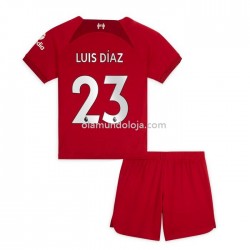 Camisola Liverpool Diaz 23 Criança Equipamento Primeiro 2022-2023 Manga Corta